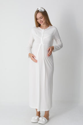 Lace Collar Maternity-Nursing Nightgown & Square Jacquard Robe Set Ecru - 2313