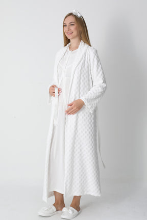 Lace Collar Maternity-Nursing Nightgown & Square Jacquard Robe Set Ecru - 2313