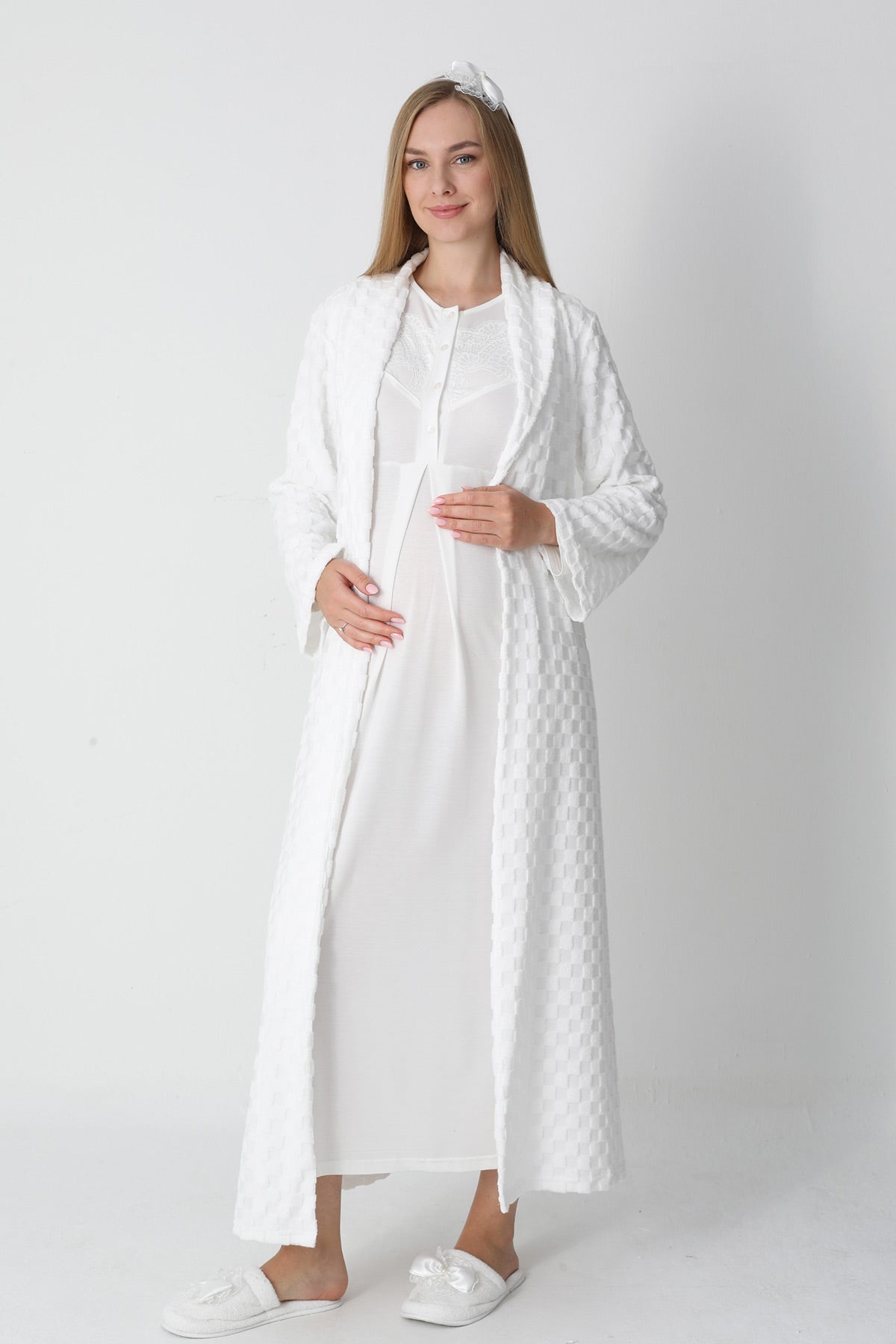 Lace Collar Maternity-Nursing Nightgown & Square Jacquard Robe Set Ecru - 2313