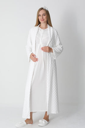 Lace Collar Maternity-Nursing Nightgown & Square Jacquard Robe Set Ecru - 2313