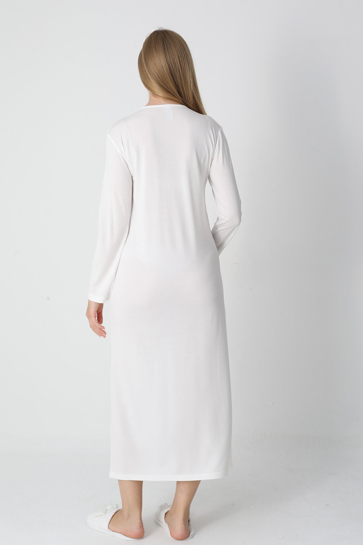 Lace Collar Maternity-Nursing Nightgown & Square Jacquard Robe Set Ecru - 2313