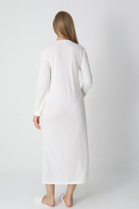 Lace Collar Maternity-Nursing Nightgown & Square Jacquard Robe Set Ecru - 2313