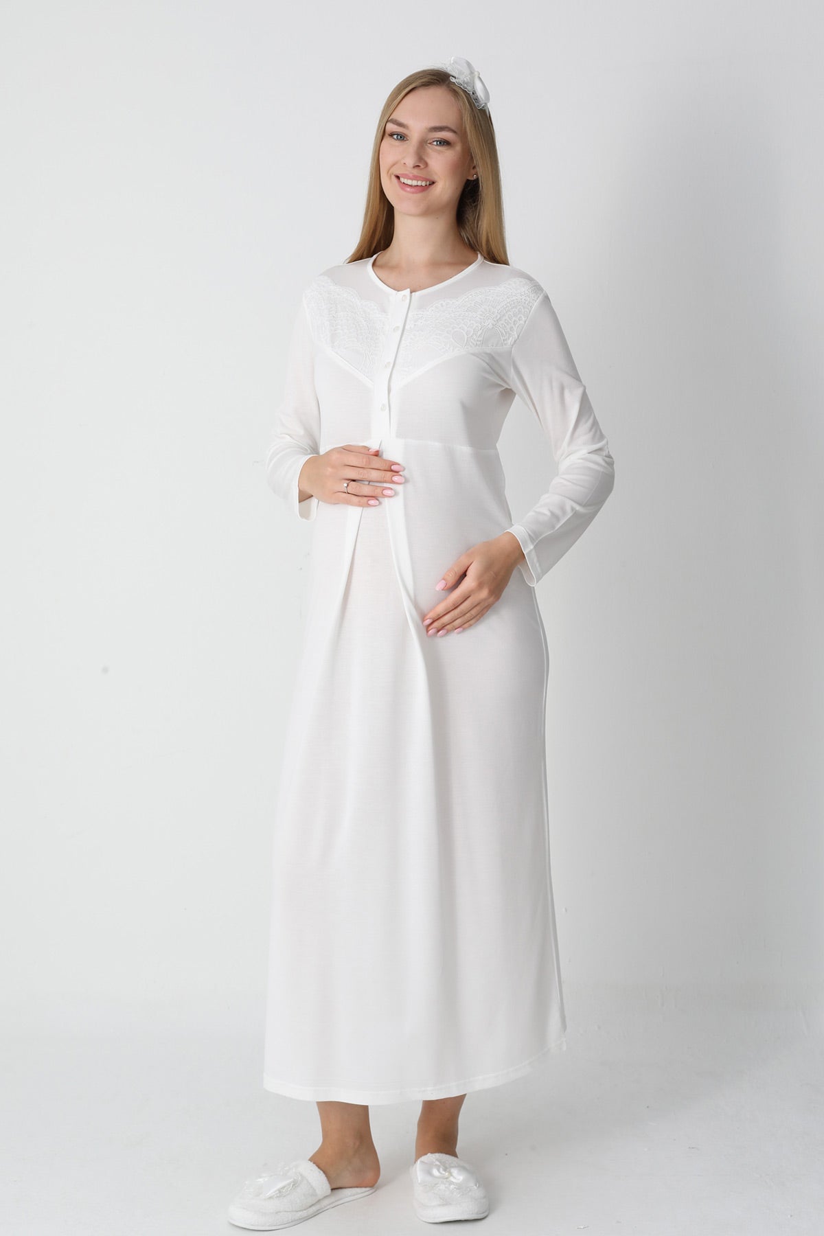 Lace Collar Maternity-Nursing Nightgown & Square Jacquard Robe Set Ecru - 2313