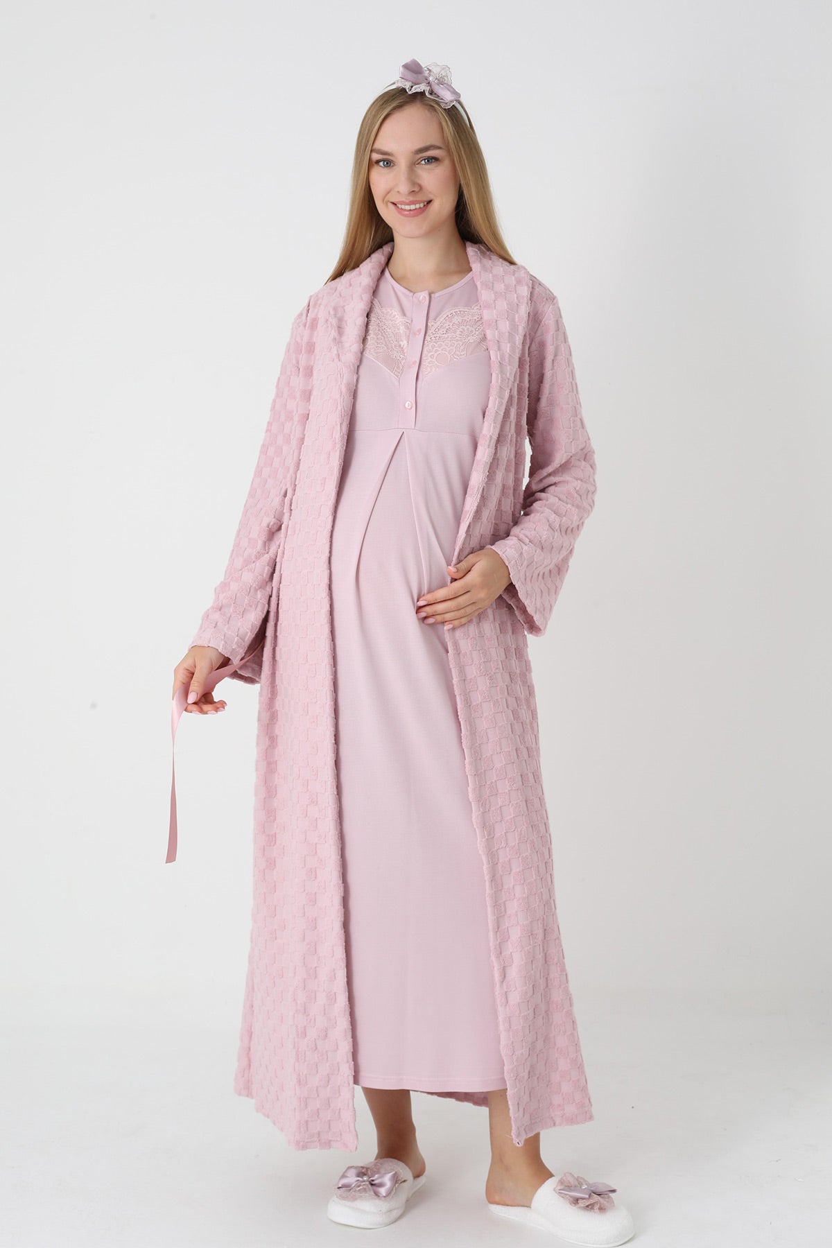 Lace Collar Maternity-Nursing Nightgown & Square Jacquard Robe Set Powder - 2313