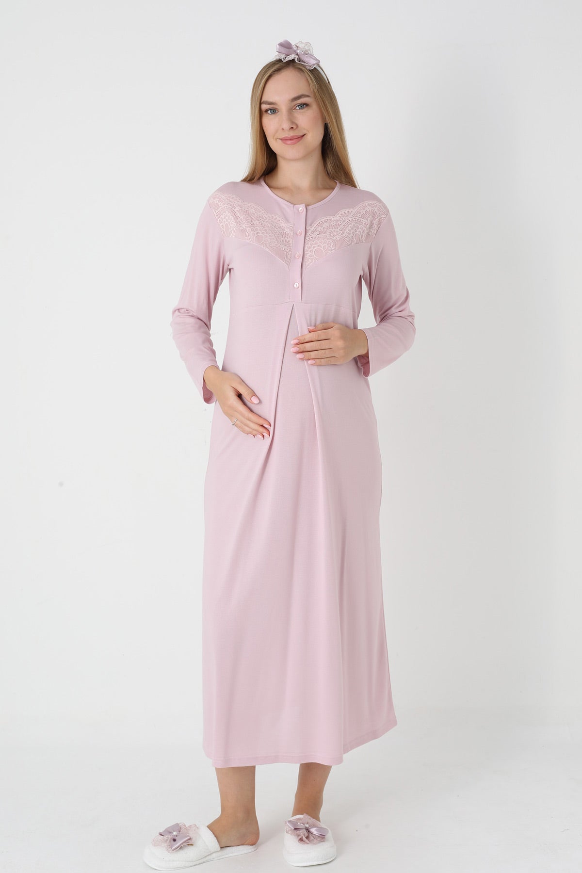 Lace Collar Maternity-Nursing Nightgown & Square Jacquard Robe Set Powder - 2313