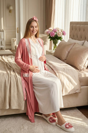Lace Collar Maternity-Nursing Nightgown & Robe Set Pomegranate Red - 2316