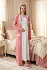 Lace Collar Maternity-Nursing Nightgown & Robe Set Pomegranate Red - 2316
