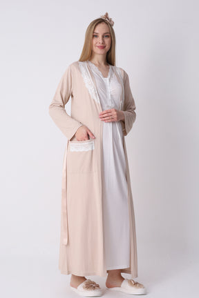 Lace Collar Maternity-Nursing Nightgown & Robe Set Mink - 2316