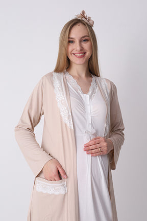 Lace Collar Maternity-Nursing Nightgown & Robe Set Mink - 2316