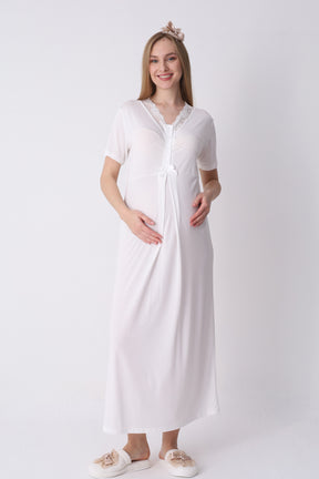 Lace Collar Maternity-Nursing Nightgown & Robe Set Mink - 2316