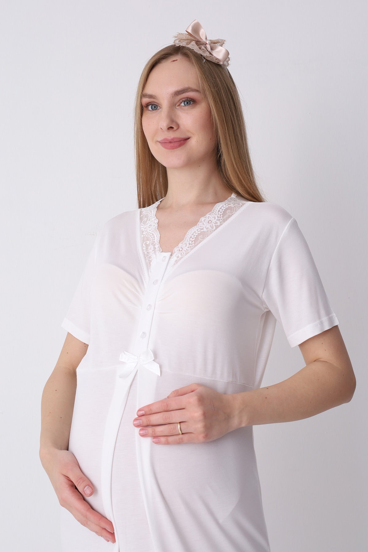 Lace Collar Maternity-Nursing Nightgown & Robe Set Mink - 2316