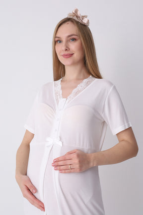 Lace Collar Maternity-Nursing Nightgown & Robe Set Mink - 2316