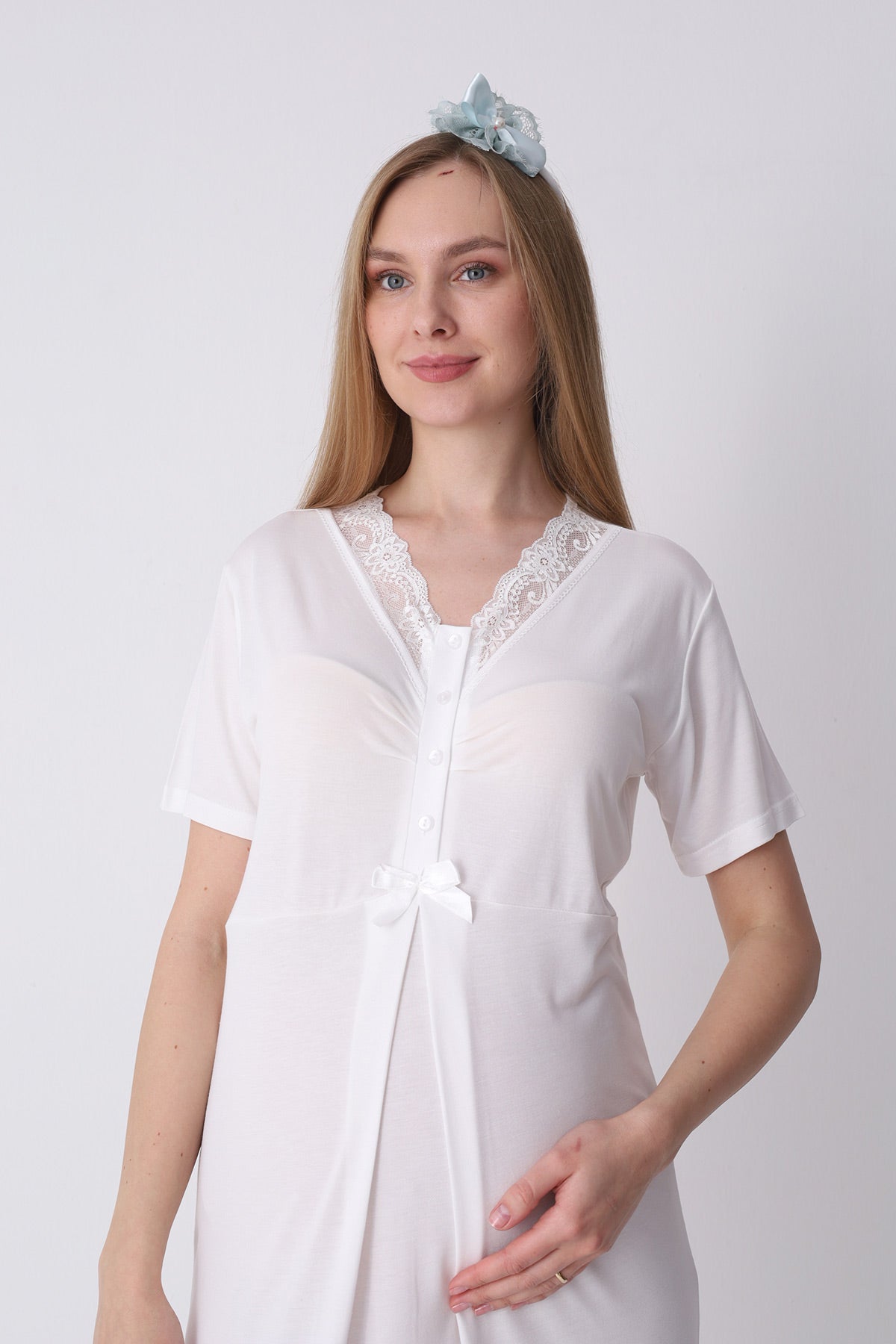 Lace Collar Maternity-Nursing Nightgown & Robe Set Mint - 2316
