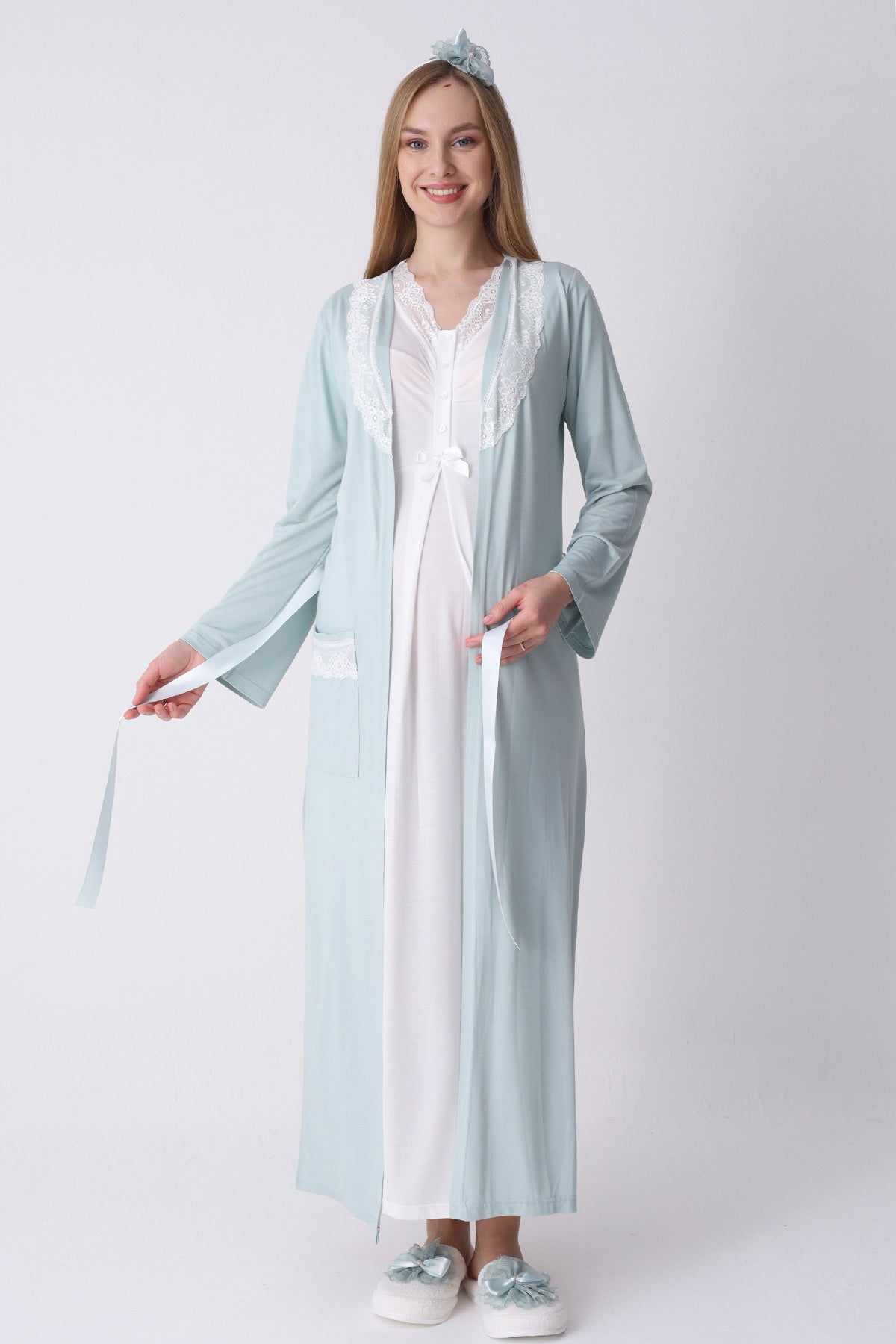 Lace Collar Maternity-Nursing Nightgown & Robe Set Mint - 2316