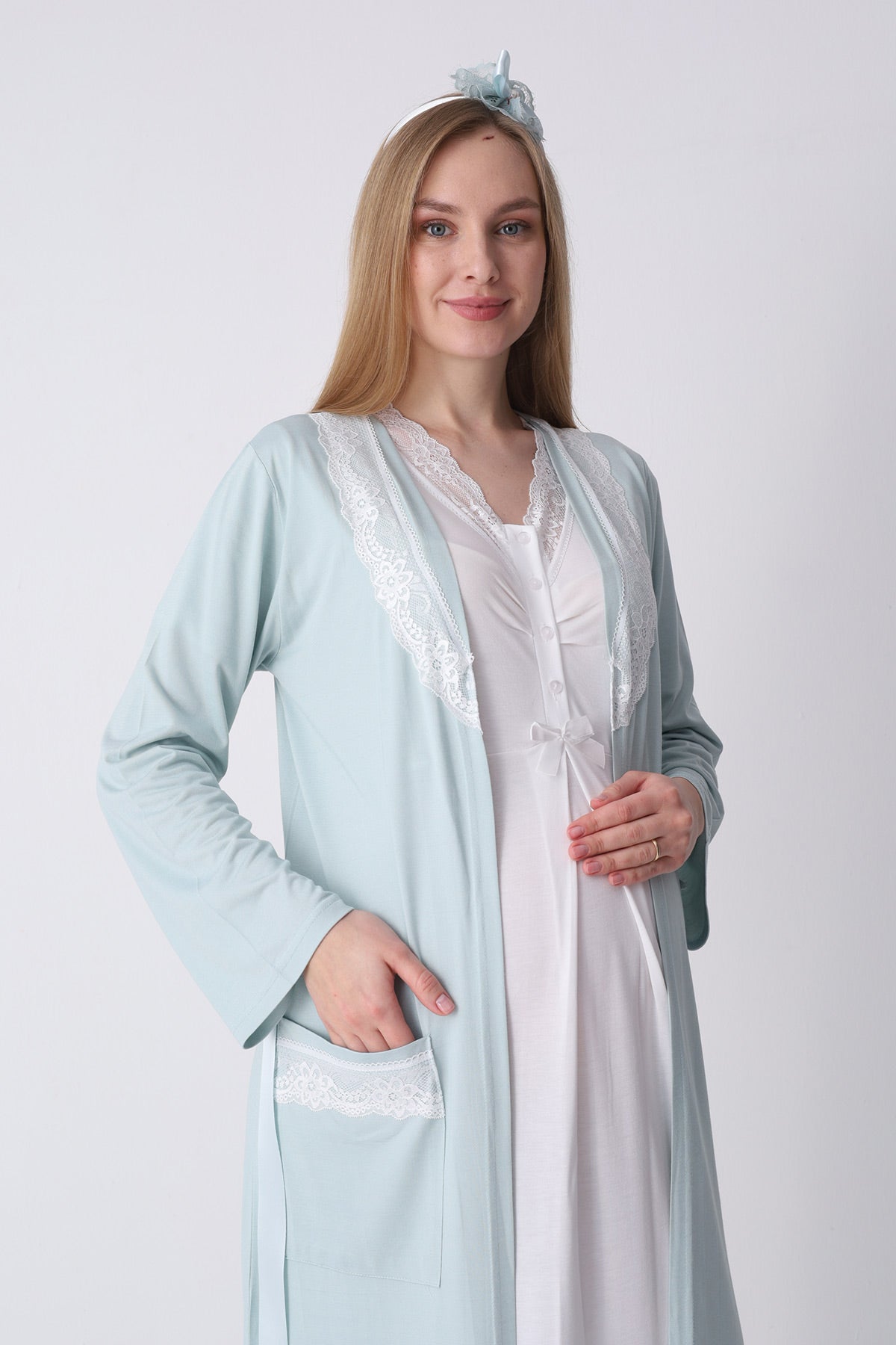 Lace Collar Maternity-Nursing Nightgown & Robe Set Mint - 2316
