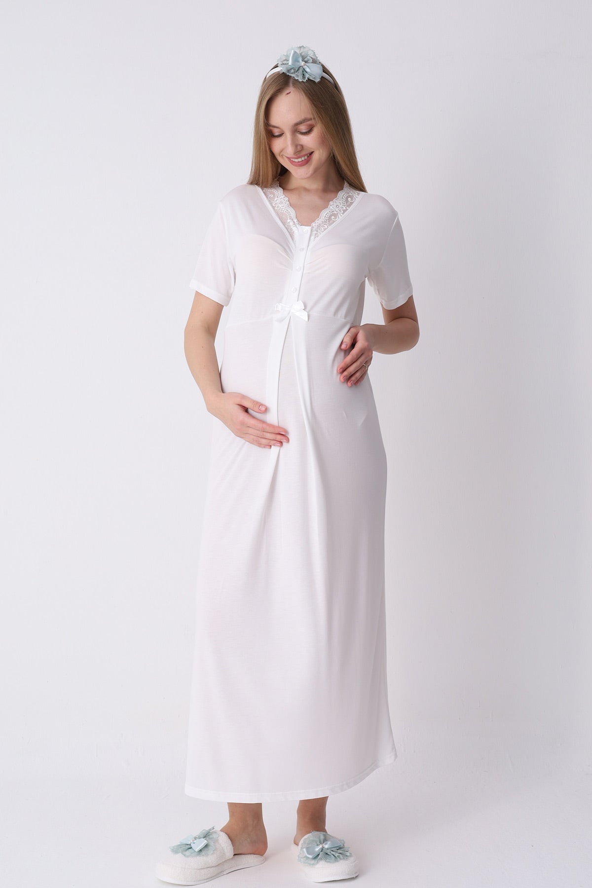 Lace Collar Maternity-Nursing Nightgown & Robe Set Mint - 2316