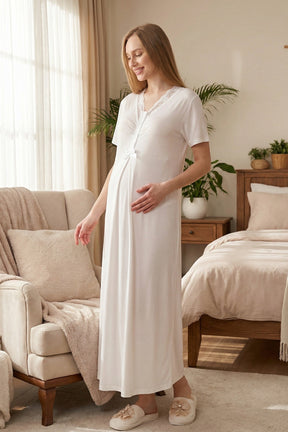 Lace Collar Maternity-Nursing Nightgown & Robe Set Pomegranate Red - 2316