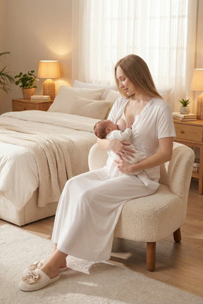 Lace Collar Maternity-Nursing Nightgown & Robe Set Pomegranate Red - 2316