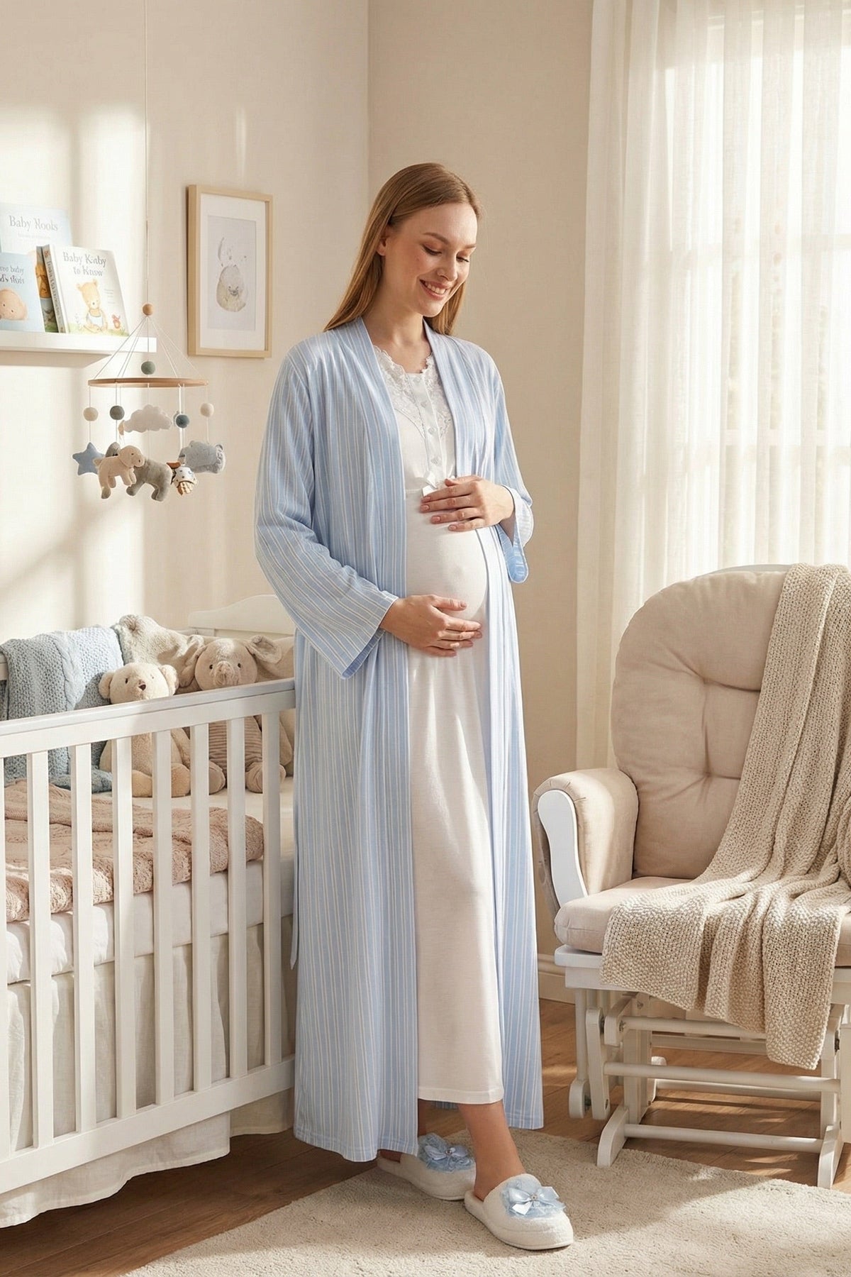 Lace Collar Maternity-Nursing Nightgown & Jacquard Robe Set Blue - 2317