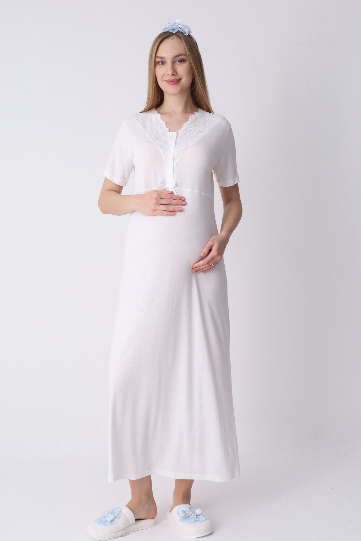 Lace Collar Maternity-Nursing Nightgown & Jacquard Robe Set Blue - 2317