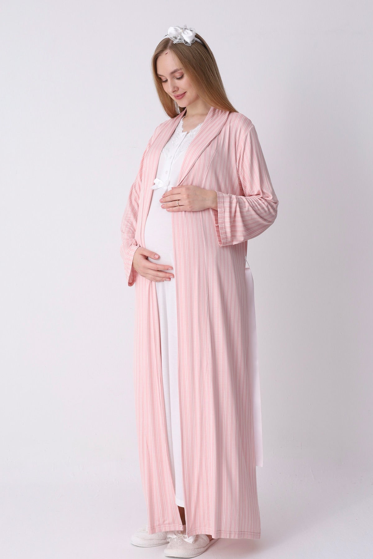 Lace Collar Maternity-Nursing Nightgown & Jacquard Robe Set Salmon - 2317