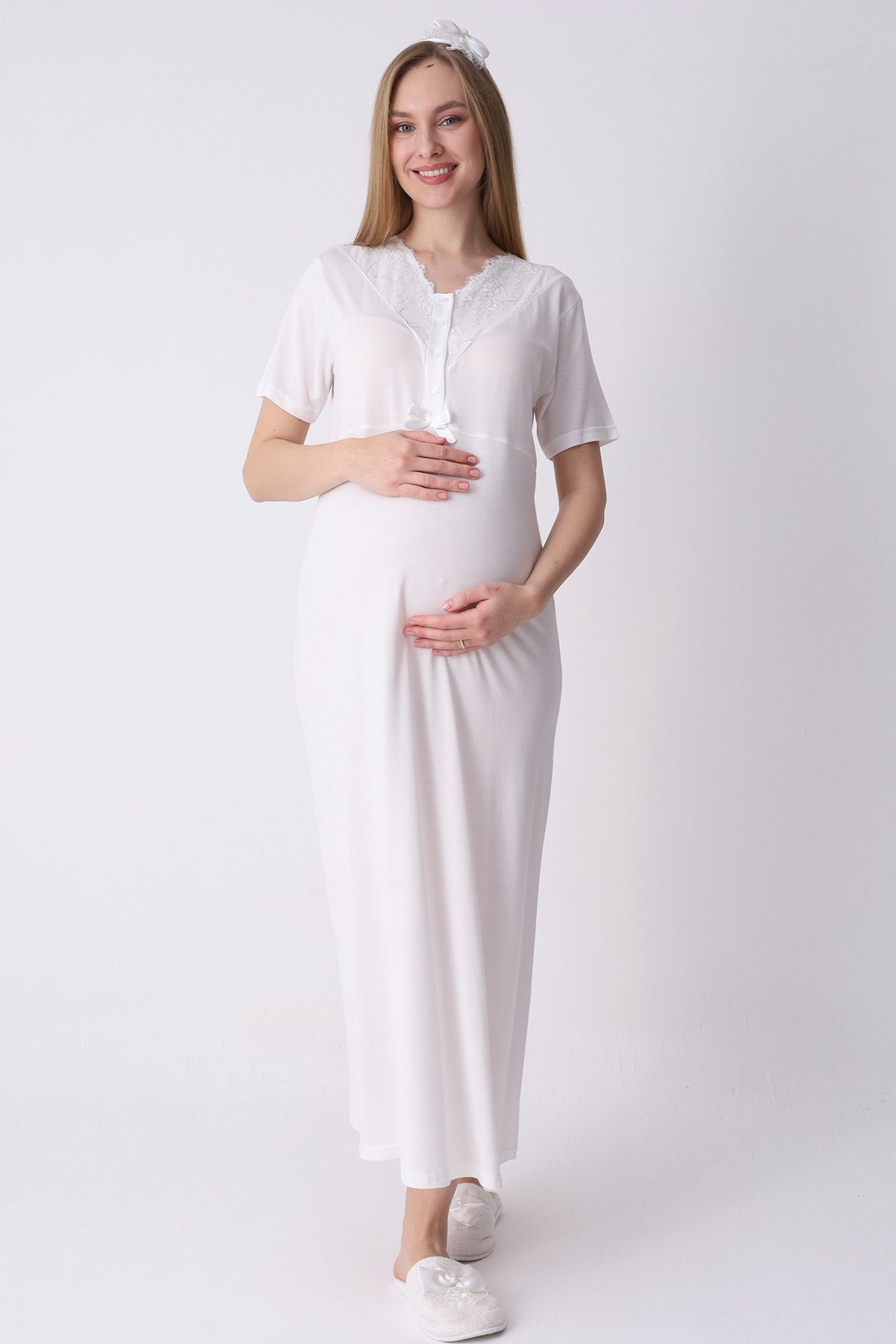 Lace Collar Maternity-Nursing Nightgown & Jacquard Robe Set Salmon - 2317