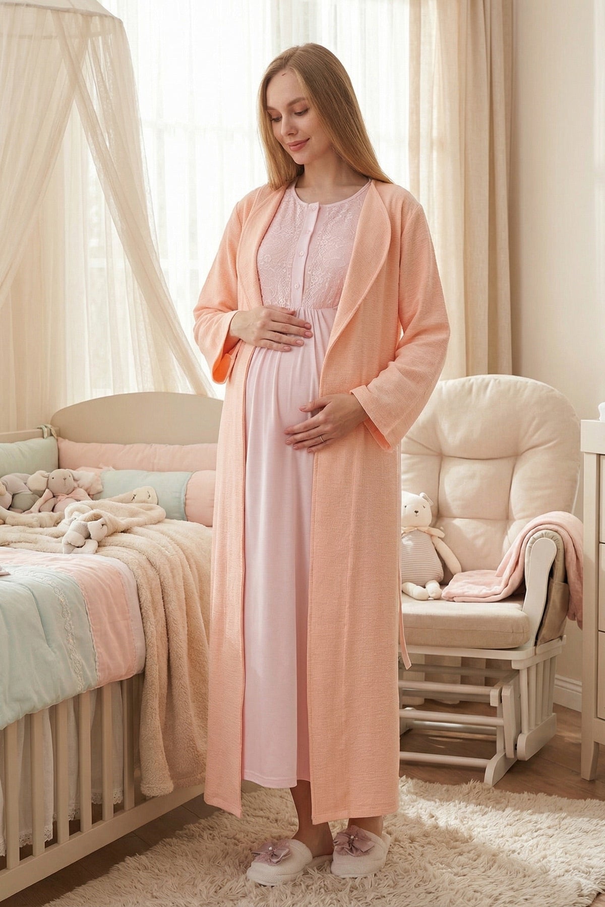 Lacy Maternity-Nursing Nightgown & Textured Robe Set Salmon - 2318
