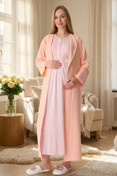 Lacy Maternity-Nursing Nightgown & Textured Robe Set Salmon - 2318