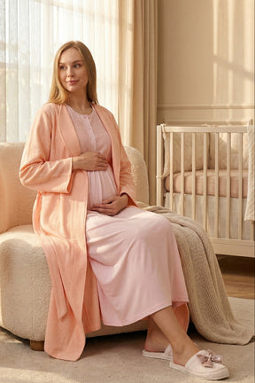 Lacy Maternity-Nursing Nightgown & Textured Robe Set Salmon - 2318
