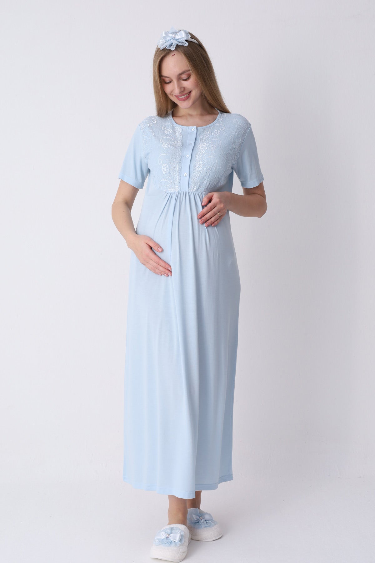 Lacy Maternity-Nursing Nightgown & Textured Robe Set Blue - 2318