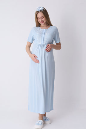 Lacy Maternity-Nursing Nightgown & Textured Robe Set Blue - 2318