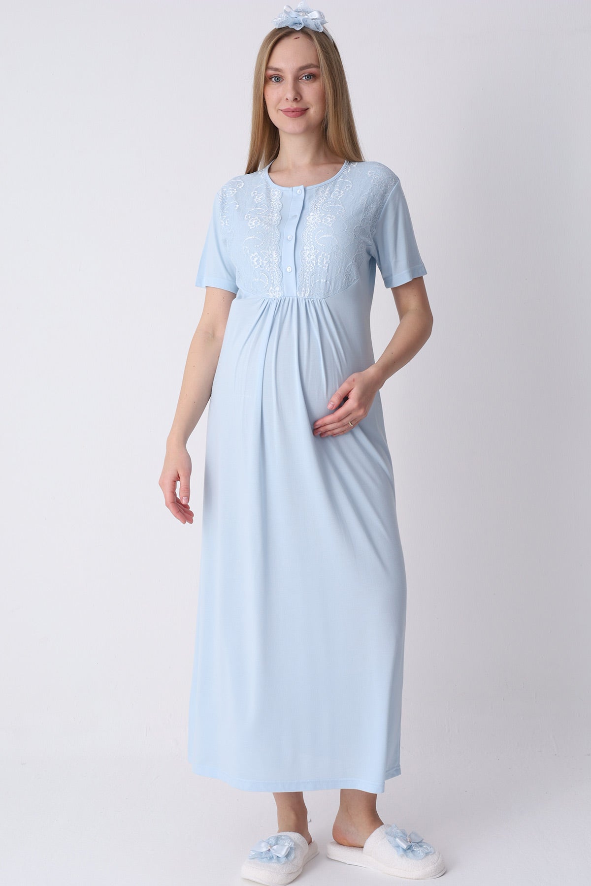 Lacy Maternity-Nursing Nightgown & Textured Robe Set Blue - 2318