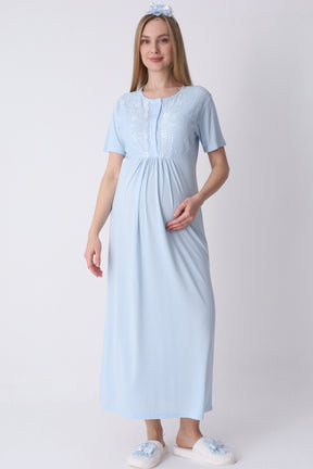 Lacy Maternity-Nursing Nightgown & Textured Robe Set Blue - 2318