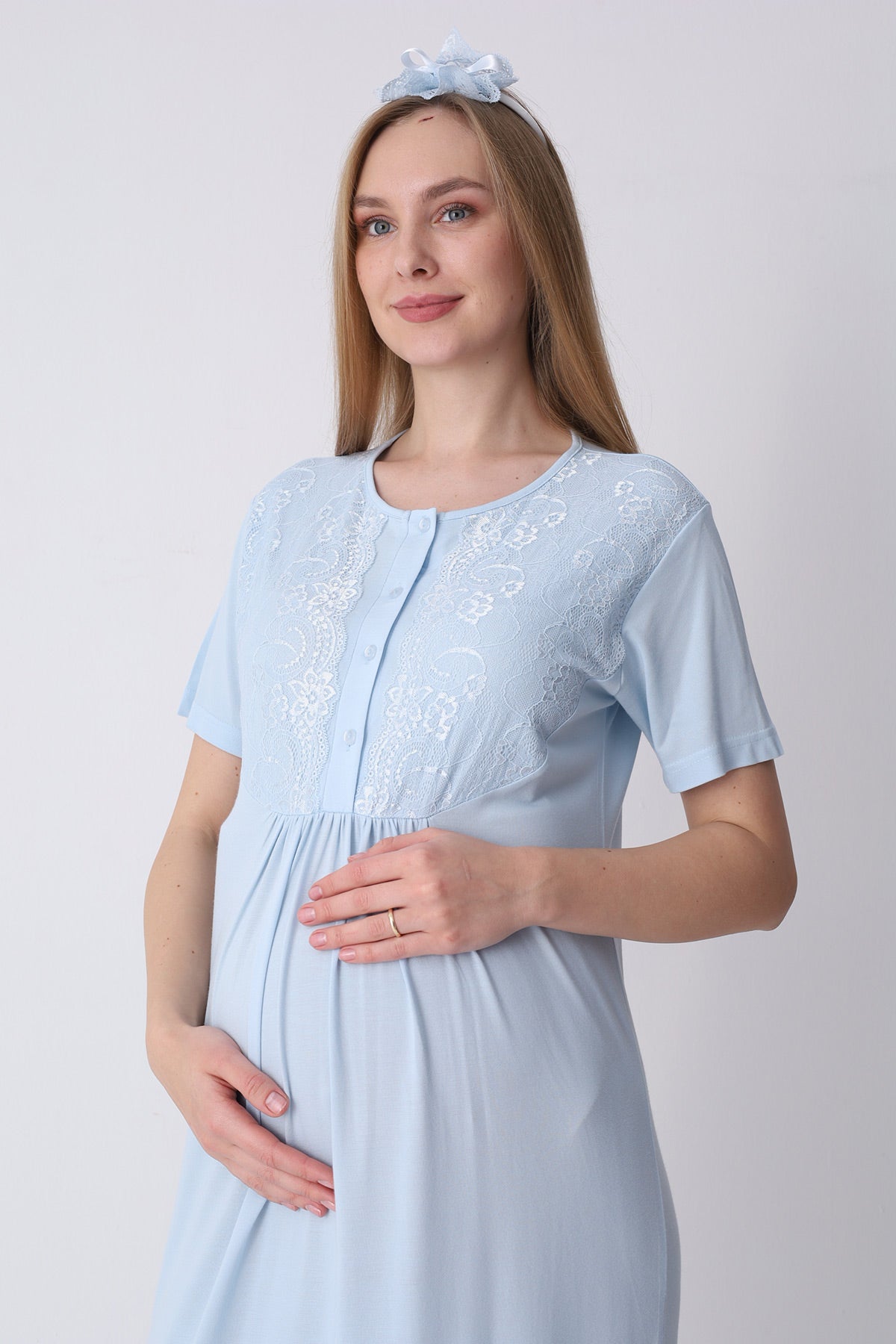 Lacy Maternity-Nursing Nightgown & Textured Robe Set Blue - 2318