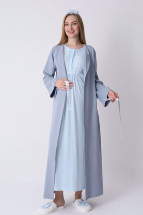 Lacy Maternity-Nursing Nightgown & Textured Robe Set Blue - 2318