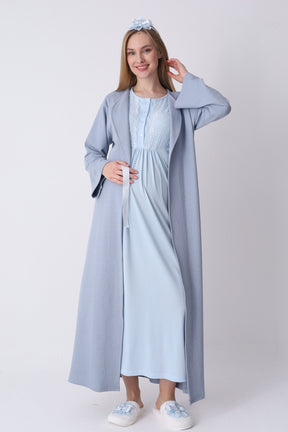 Lacy Maternity-Nursing Nightgown & Textured Robe Set Blue - 2318