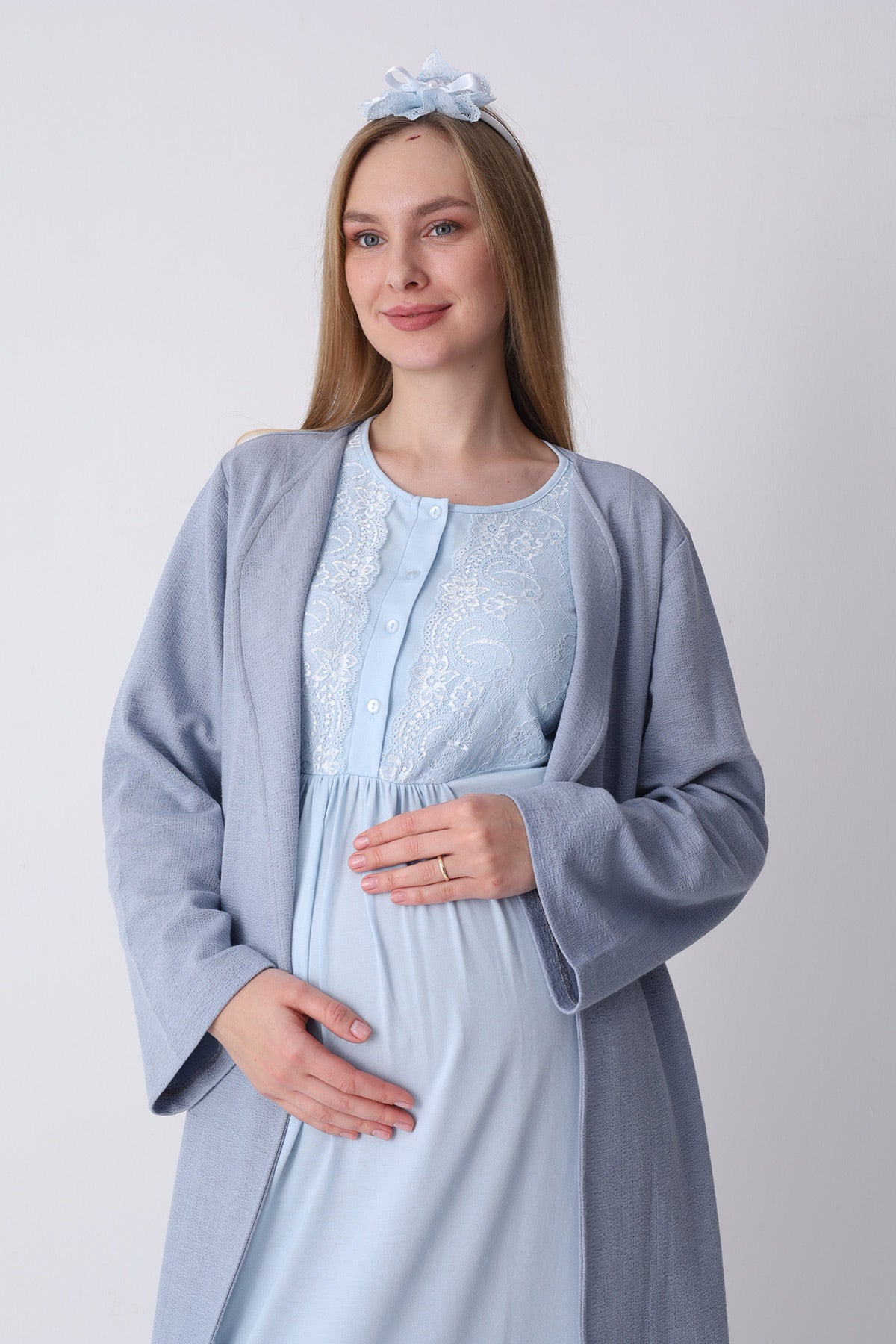 Lacy Maternity-Nursing Nightgown & Textured Robe Set Blue - 2318