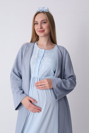 Lacy Maternity-Nursing Nightgown & Textured Robe Set Blue - 2318