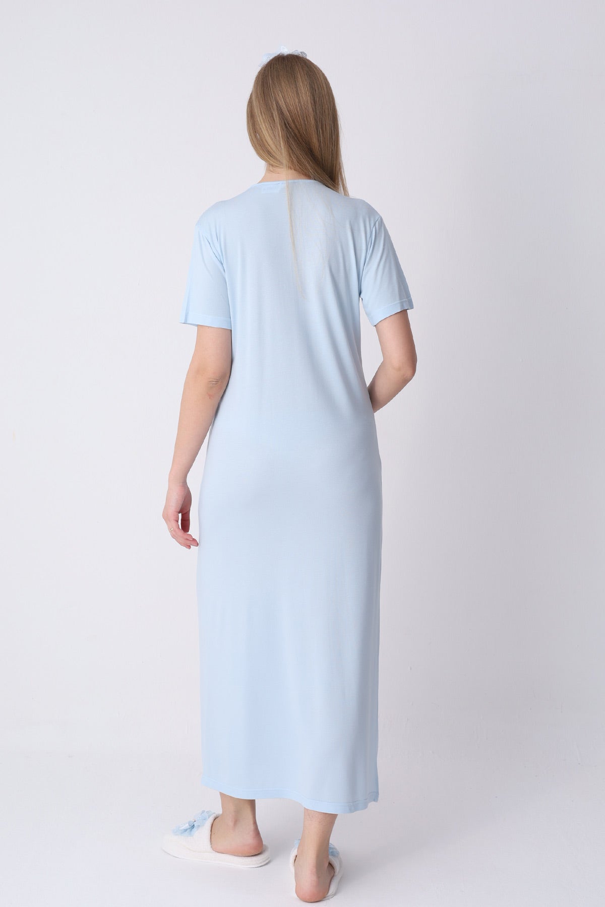 Lacy Maternity-Nursing Nightgown & Textured Robe Set Blue - 2318