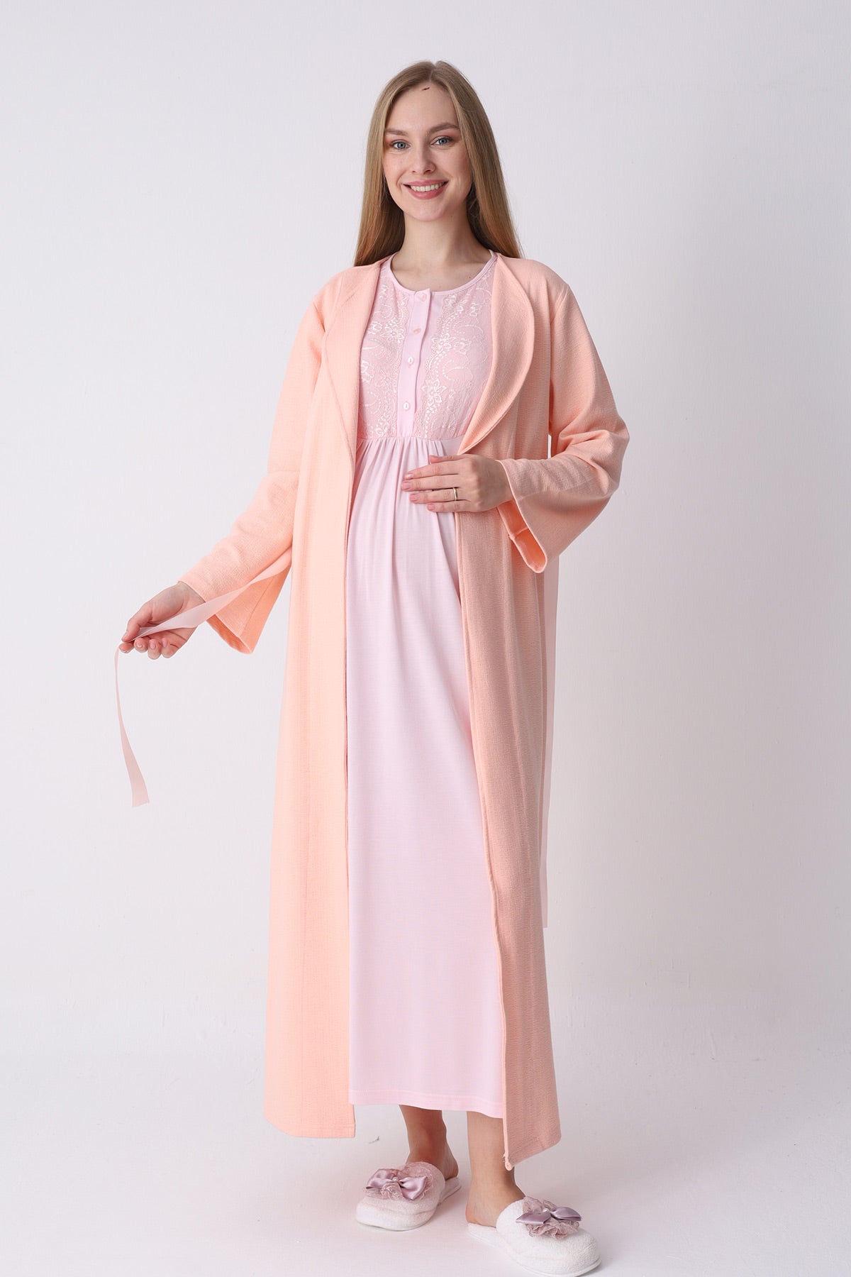 Lacy Maternity-Nursing Nightgown & Textured Robe Set Salmon - 2318