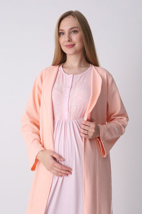 Lacy Maternity-Nursing Nightgown & Textured Robe Set Salmon - 2318