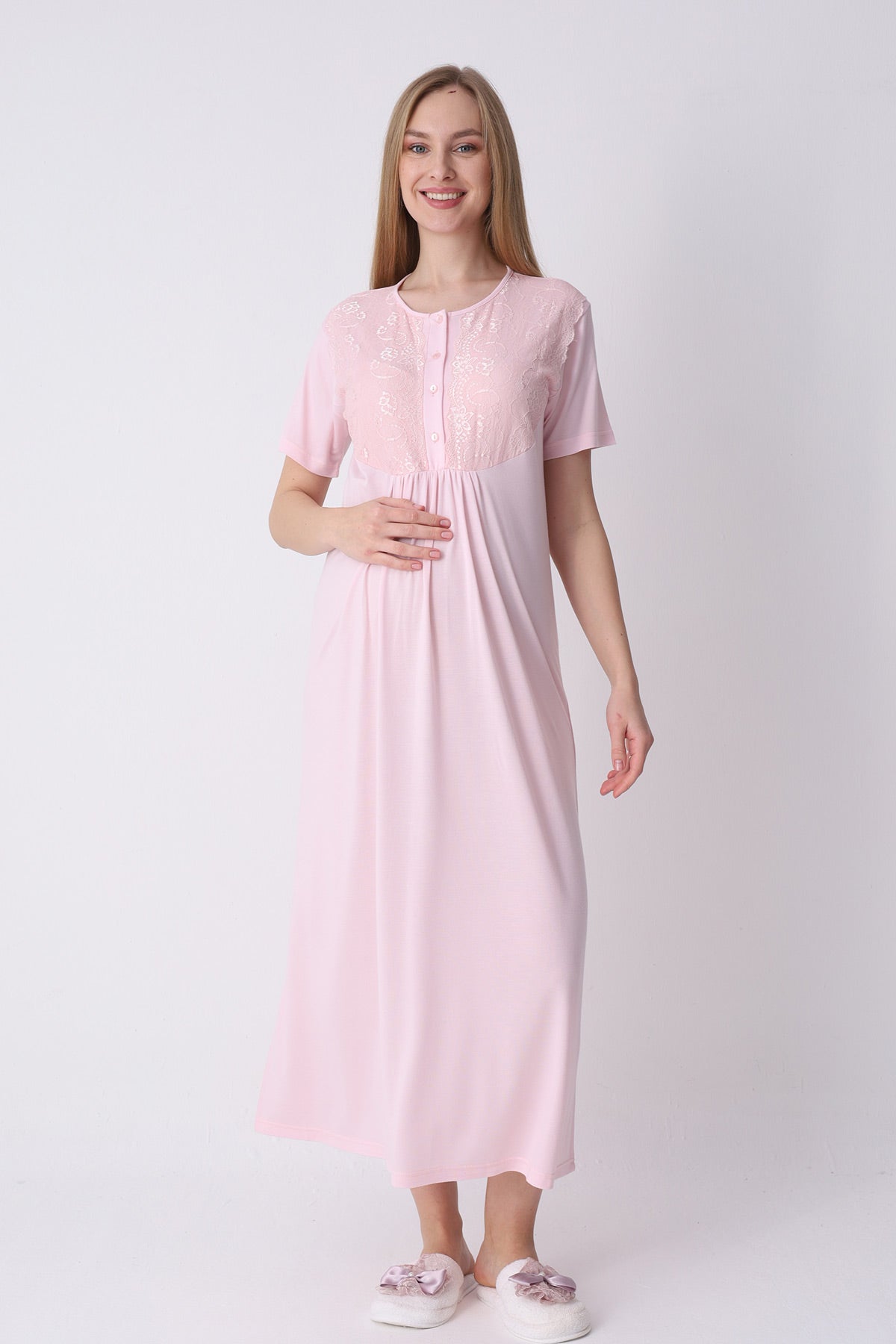 Lacy Maternity-Nursing Nightgown & Textured Robe Set Salmon - 2318