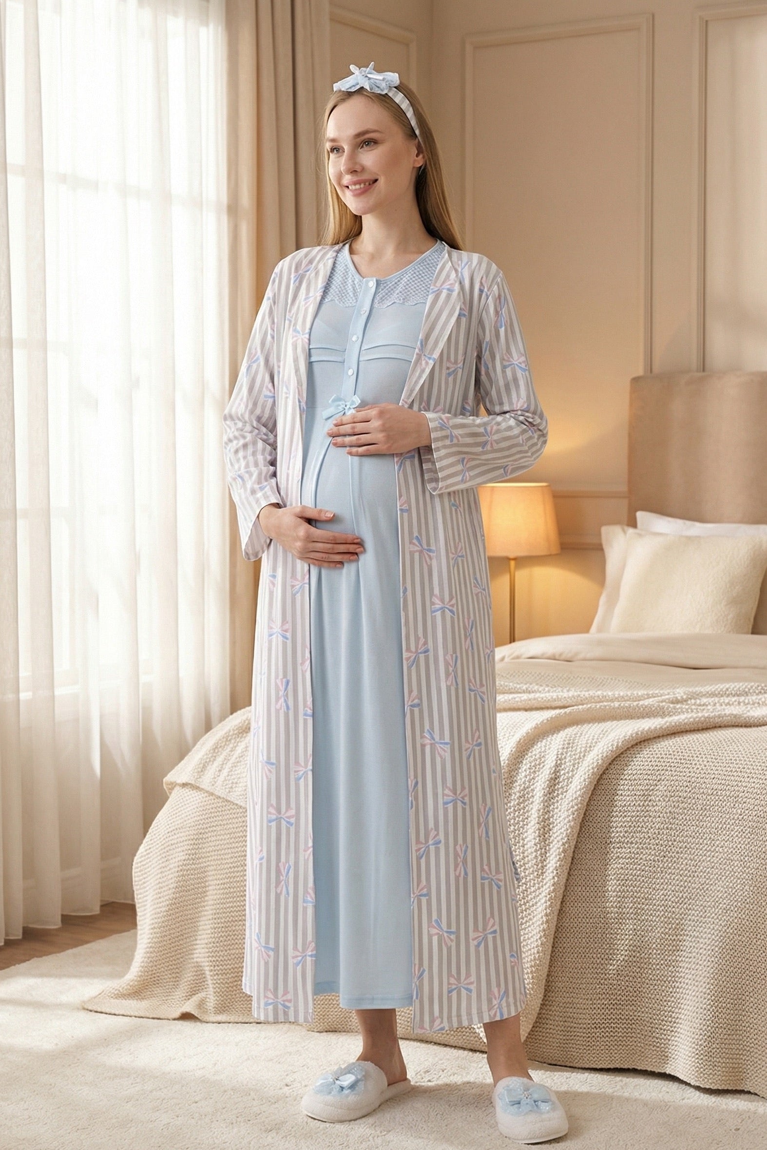 Lace Collar Maternity-Nursing Nightgown & Patterned Robe Set Blue - 2319