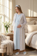Lace Collar Maternity-Nursing Nightgown & Patterned Robe Set Blue - 2319