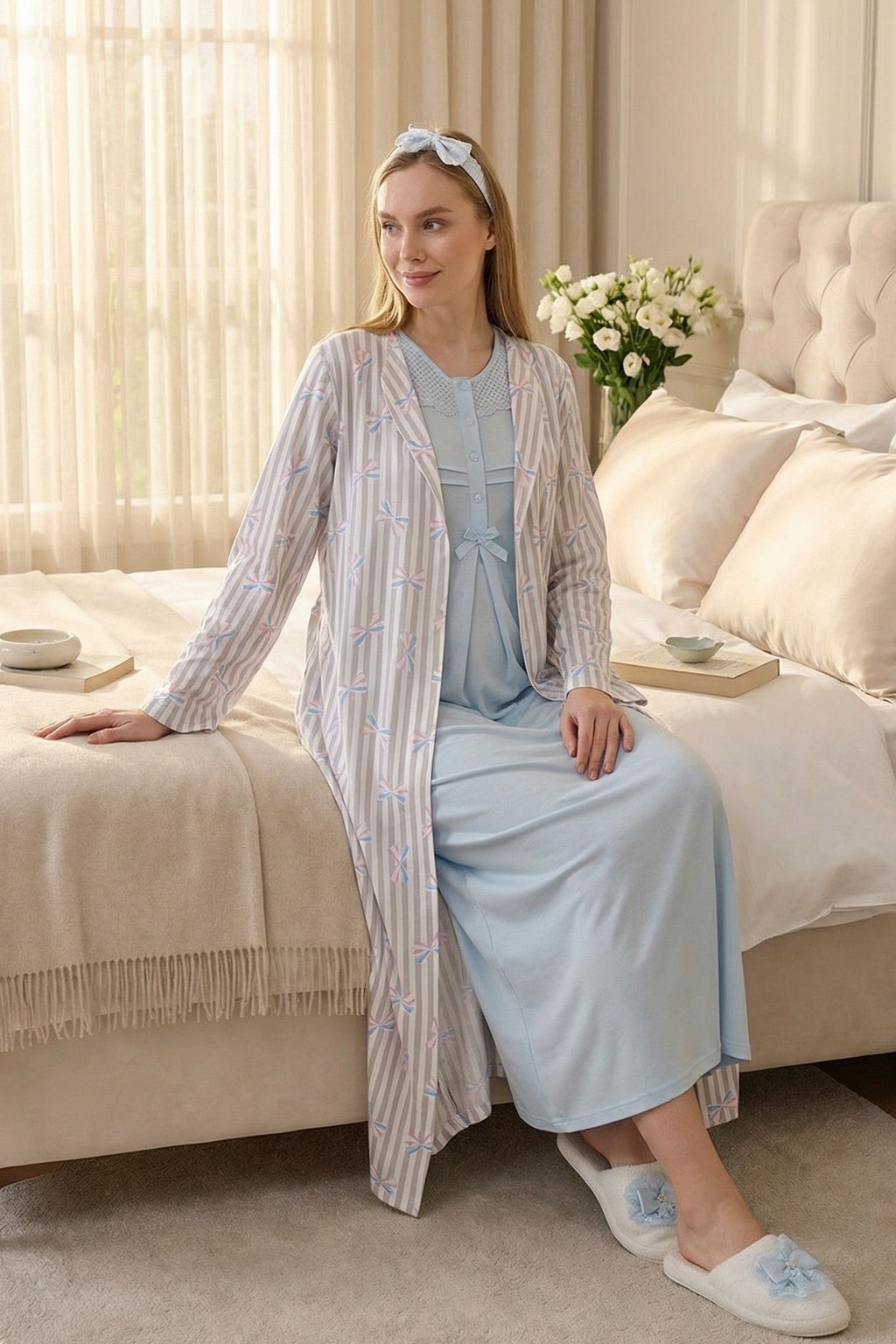 Lace Collar Maternity-Nursing Nightgown & Patterned Robe Set Blue - 2319