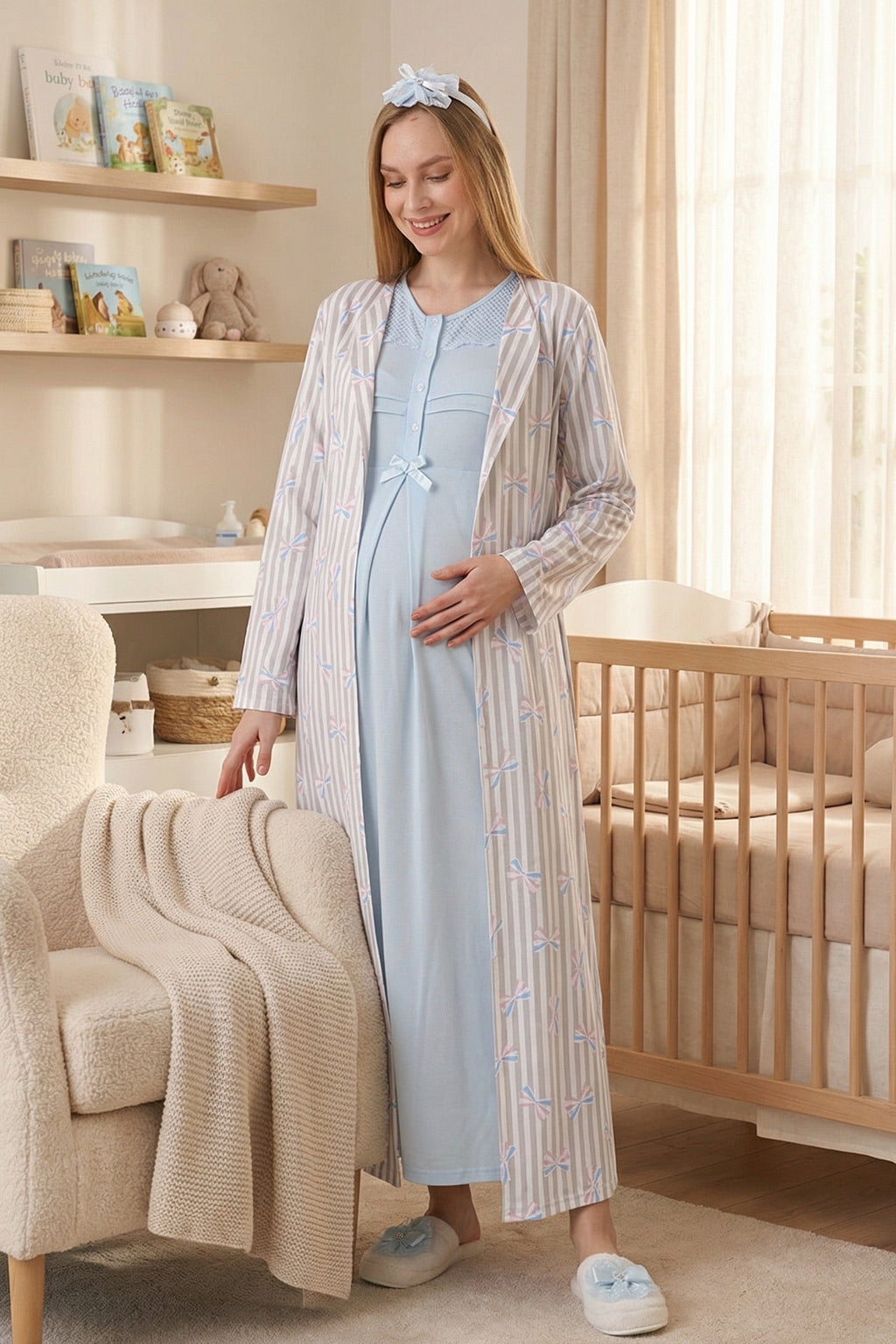 Lace Collar Maternity-Nursing Nightgown & Patterned Robe Set Blue - 2319