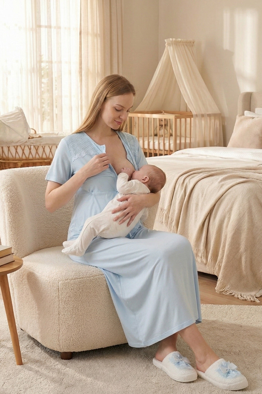 Lace Collar Maternity-Nursing Nightgown & Patterned Robe Set Blue - 2319