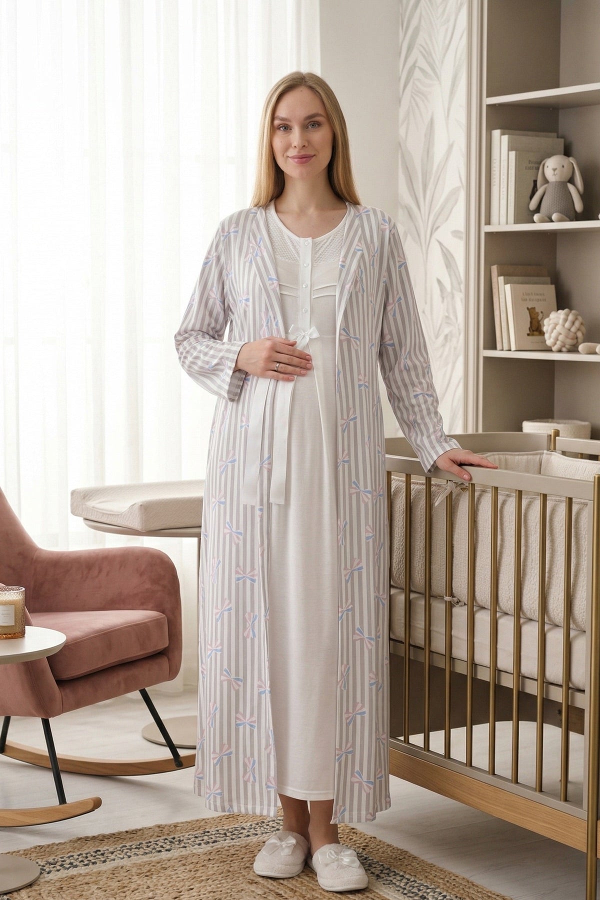 Lace Collar Maternity-Nursing Nightgown & Patterned Robe Set Ecru - 2319