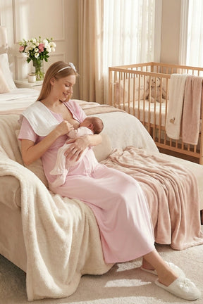 Lace Collar Maternity-Nursing Nightgown & Patterned Robe Set Pink - 2319