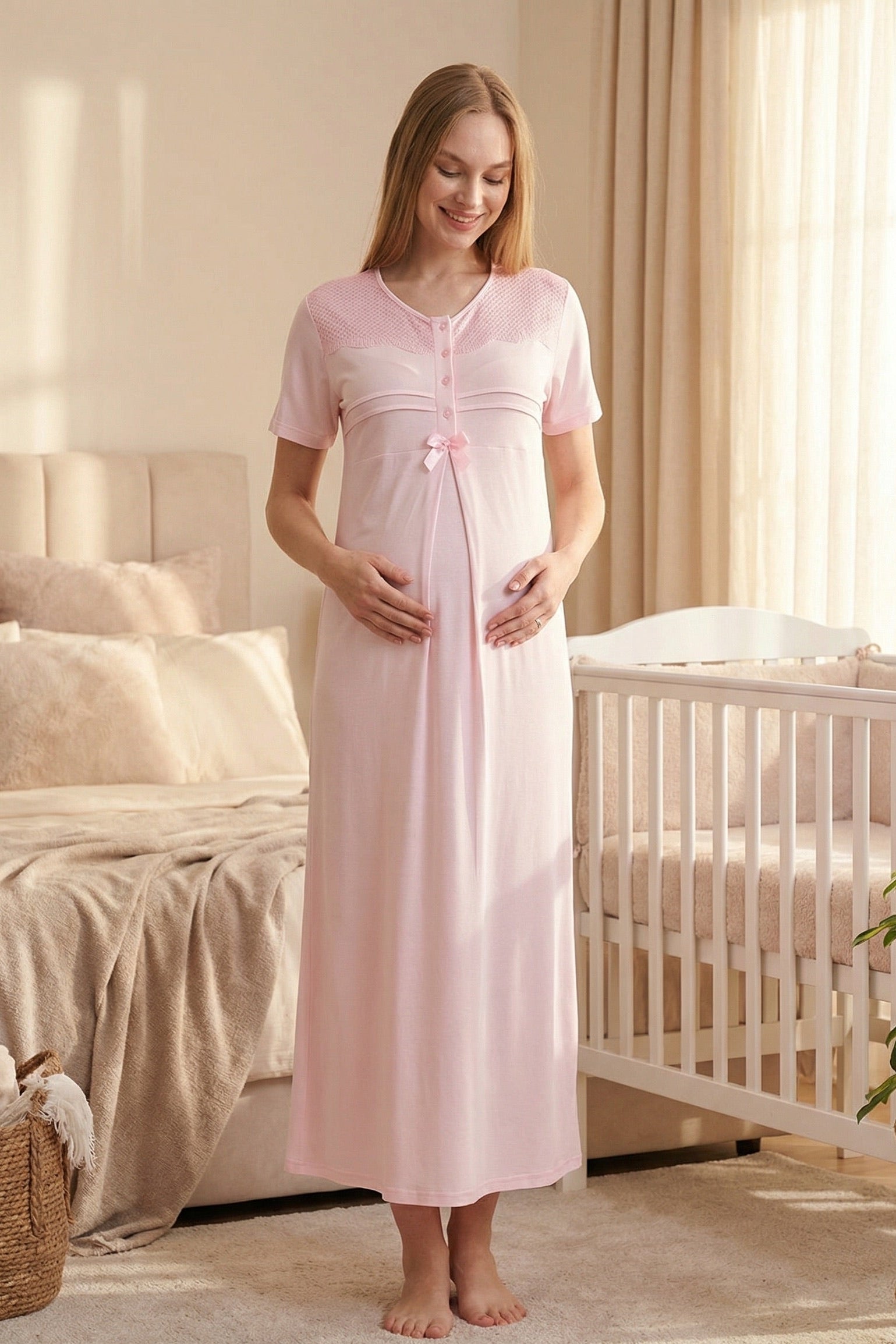 Lace Collar Maternity-Nursing Nightgown & Patterned Robe Set Pink - 2319